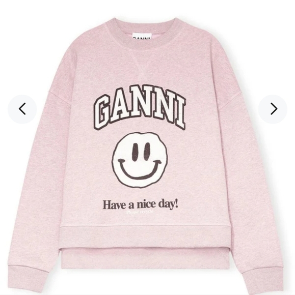 Ganni Isoli smiley face drop shoulder crewneck sweatshirt lilac XS NWOT - Picture 4 of 10